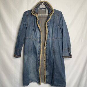 Faded Glory Faux Fur Line Denim Duster/Trenchcoat Boho Y2K Women's Sz XL